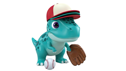 Cartoon Dinosaur Wearing Baseball Cap with Mitt and Ball