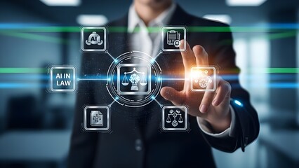 Business Professional Hand Interacting with AI in Law Legal Technology Interface