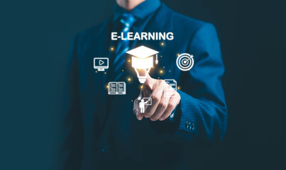 E-learning online education concept with businessman touching virtual interface icons, representing digital learning, online courses, corporate training and knowledge technology.