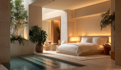 Naklejka premium Luxurious bedroom with indoor pool and hot tub, modern design featuring warm ambient lighting, natural wood accents, plush bedding, and lush green potted plants