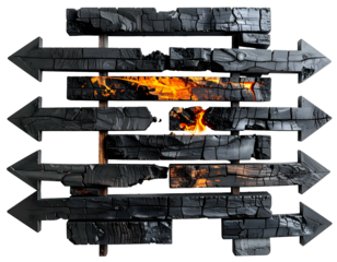 Charred wooden arrow signs with flames in center