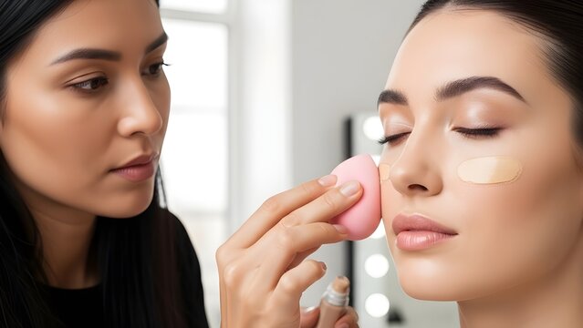 Professional makeup artist applying liquid foundation to young woman's face with a pink beauty sponge