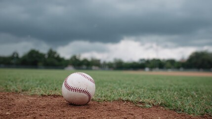 Baseball lying on the infield of a baseball field. the field is covered in green grass and there are trees in the background. the sky is cloudy and the overall mood of the image is gloomy.