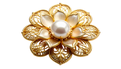 Ornate gold floral brooch with central pearl against black background