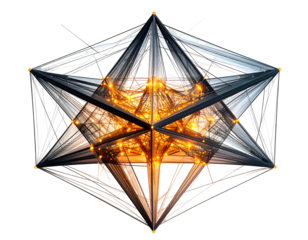 3D geometric structure with interconnected lines and glowing core