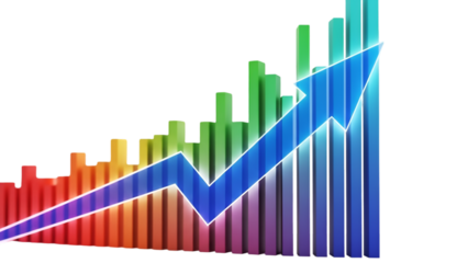 "Rainbow Bar Graph with Upward Trend Line – Business Growth, Financial Success & Positive Progress Concept"