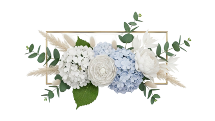 Elegant floral arrangement with hydrangeas, peonies, and eucalyptus in a gold frame