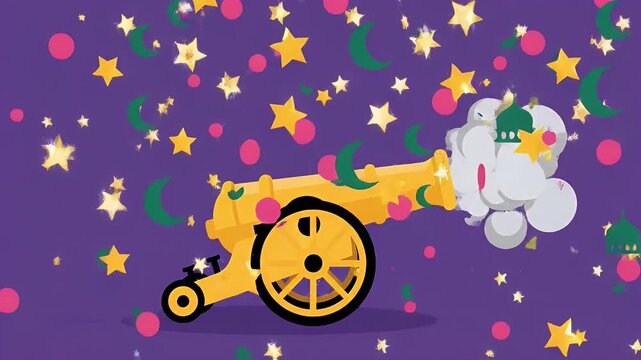 Flat design animation of an old-fashioned cannon firing confetti sparkles, Iftar tradition concept