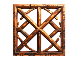 Weathered, wooden latticework design with geometrical patterns against black