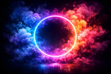 Obraz premium Neon Portal Abstract Background: Vibrant Smoke and Glowing Circle