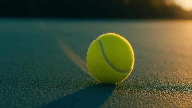 tennis ball resting on edge of court line during match. ball stands out on surface with vibrant colors against blurred background. tennis ball caught in still moment on courts surface, casting shadows