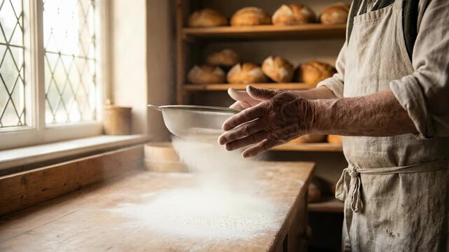 Baker sifting flour into a bowl at wooden counter in rustic kitchen. Warm light highlights bread in background. Concept of baking, culinary arts, food preparation