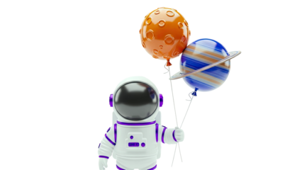 Astronaut holding planet and moon balloons
