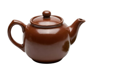 A brown ceramic teapot with a lid and handle is positioned to the left side of the frame, casting a shadow on white and transparent