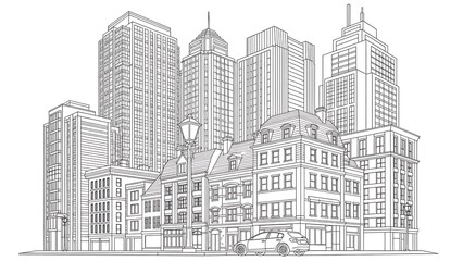 Skyline of modern urban buildings isolated on white background