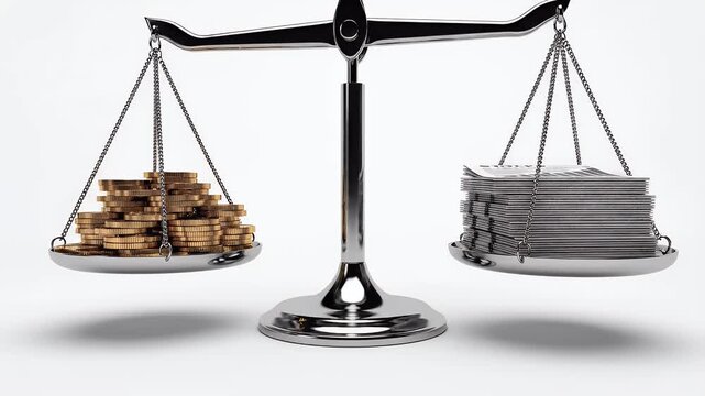 Minimalist 3D animation of a balanced scale with gold coins and stock documents