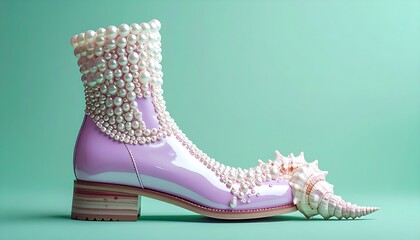 Surreal Pink Boot with Pearl Encrusted Wooden Heel Against Mint Green Background