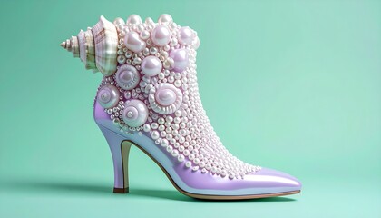 Surreal Stiletto Shoes with Seashells in Teal Elegance for Summer Glamour