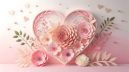 Fototapeta premium Intricately layered heart-shaped floral arrangement in soft pink hues