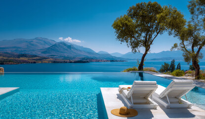 Fototapeta premium Luxury infinity pool with clear blue water, white lounge chairs, and scenic mountain and lake view