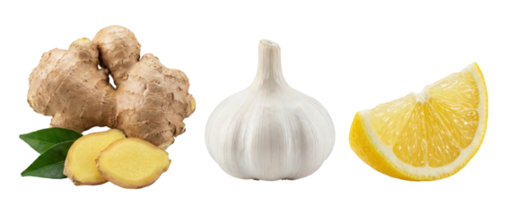 Ginger, Garlic, and Lemon isolated on white background - natural remedies
