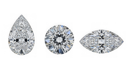 Three brilliant cut diamonds in pear, round, and marquise shapes, sparkling luxury jewelry isolated on transparent background.
