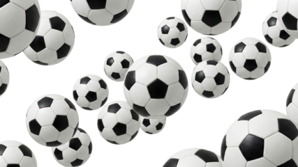 Soccer balls pattern, sport equipment, flying in air, white background, abstract, game