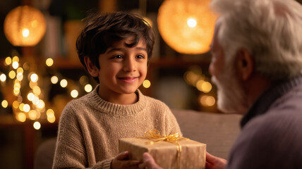 happy indian grandson giving gift box to grandfather