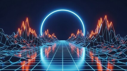 Futuristic neon landscape with grid floor and glowing blue circle