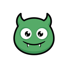 Cute Green Monster Cartoon Face with Horns and Fangs