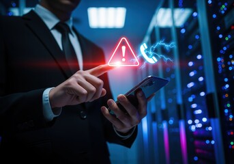 Businessman holding smartphone with glowing red warning triangle and phone icon in server room