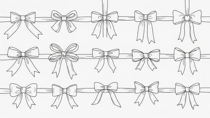 Monochrome line art illustration of decorative bows and ribbons for holiday ornamentation and