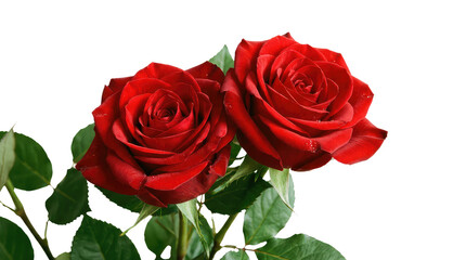 Obraz premium Happy valentine's day two vibrant red roses with lush green leaves arranged beautifully solid white background and no background