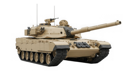 Powerful modern main battle tank in desert camouflage with long cannon and machine gun, isolated on transparent background.