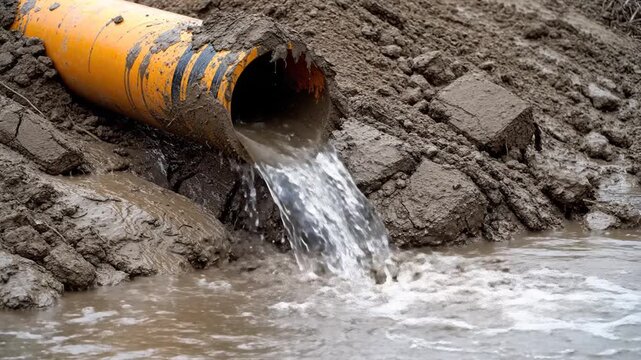 Polluted water flowing from a large pipe into a muddy riverbank, viewed from a low angle, showcasing environmental damage.
