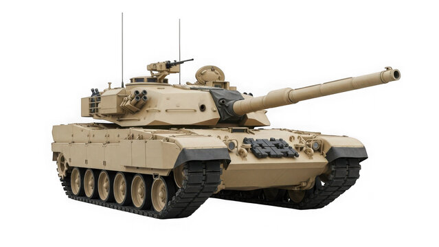Powerful modern main battle tank in desert camouflage with long cannon and machine gun, isolated on transparent background.