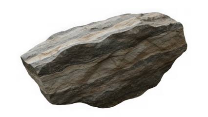 Rough textured layered grey and brown rock with distinct mineral bands isolated on transparent background