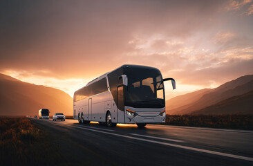 Obraz premium Luxury modern white passenger bus with sleek exterior design traveling on open highway at sunset