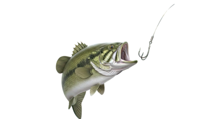 Bass fish lunging for fishing hook