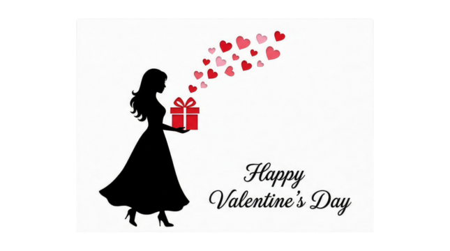 Happy valentine's day silhouette of a woman holding a gift with hearts floating above on a white background cutout - Powered by Adobe