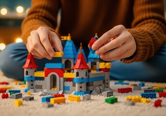 Fototapeta premium Hands meticulously assembling colorful Lego bricks into fantastical castle structure