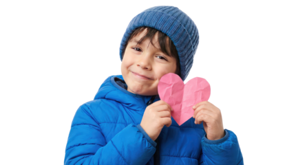 Happy valentine's day cheerful boy in blue jacket holding pink heart shapes with a smile on his face pure white background cutout