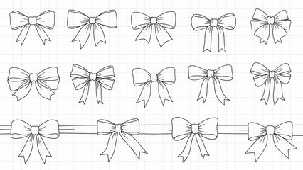 Delicate line art collection of decorative ribbon bows for crafting and festive design elements