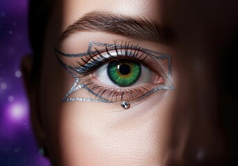 Woman's eye with emerald green iris and futuristic geometric silver makeup design
