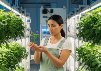 Young female botanist holding a green hemp seedling in a modern indoor vertical farm laboratory