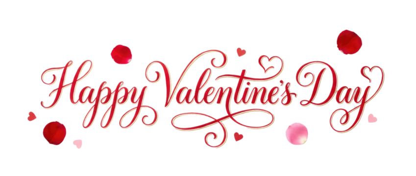 Happy valentine's day elegant script text with red hearts and floral elements celebrating love and affection no background - Powered by Adobe