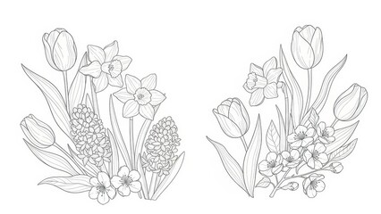 Elegant spring floral line art compositions with tulips, daffodils and hyacinths for creative