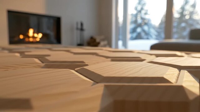 Modern geometric wooden table surface with a warm fireplace and snowy winter landscape visible through large windows a cozy interior design concept