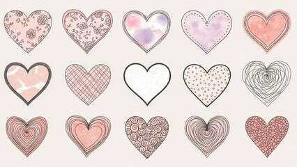 Collection of hand-drawn hearts with various patterns and textures symbolizing love and affection