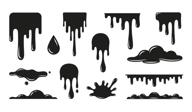 Dripping liquid silhouettes flat vector splash and stain set isolated on transparent background